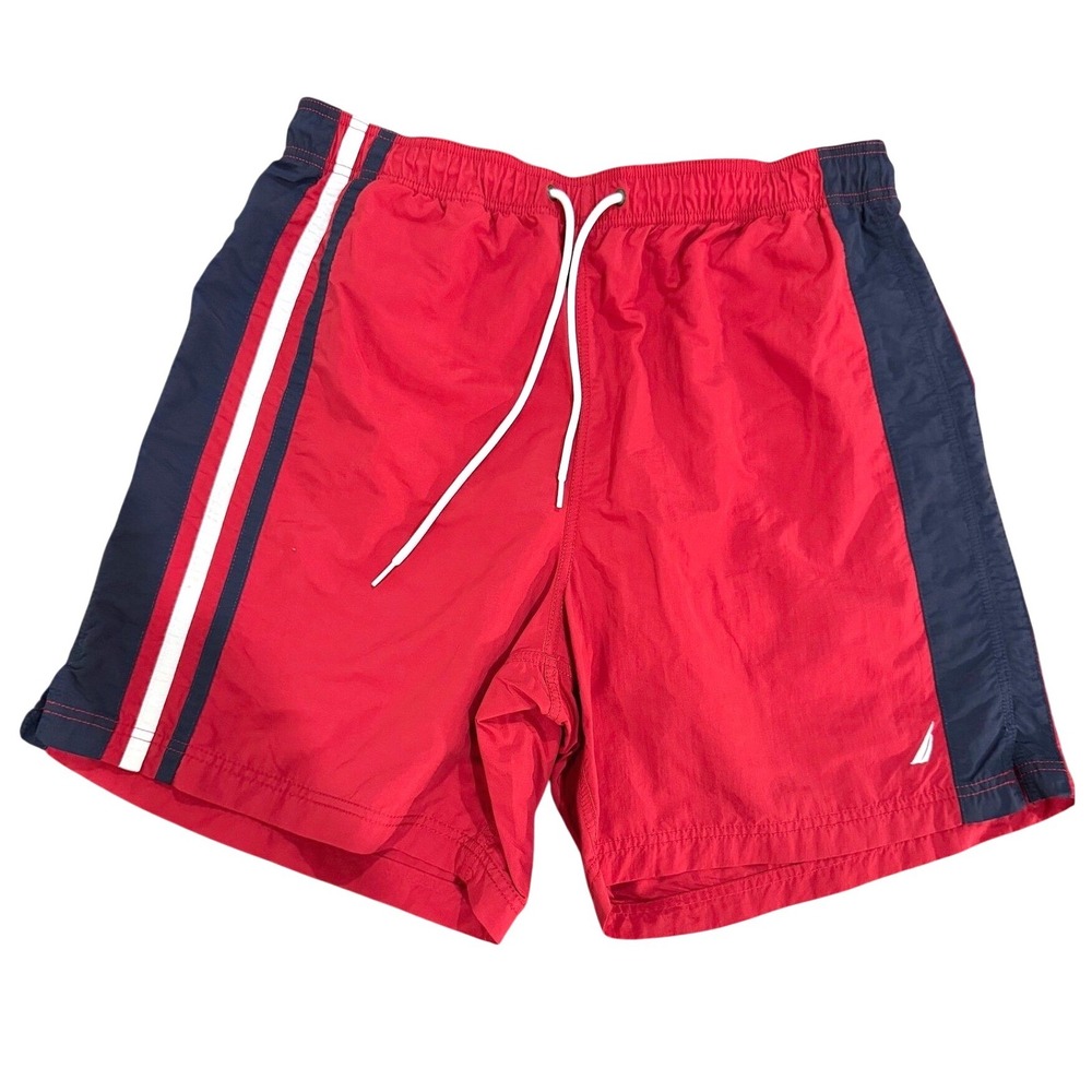 Nautica Men's Swim Trunks Size XL Coastal Prep Red White Navy Side Racing Stripe